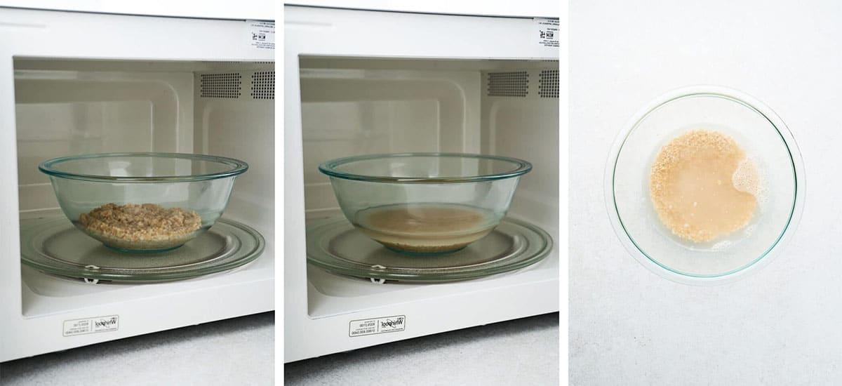 Stahlhaferflocken in der Mikrowelle kochen.