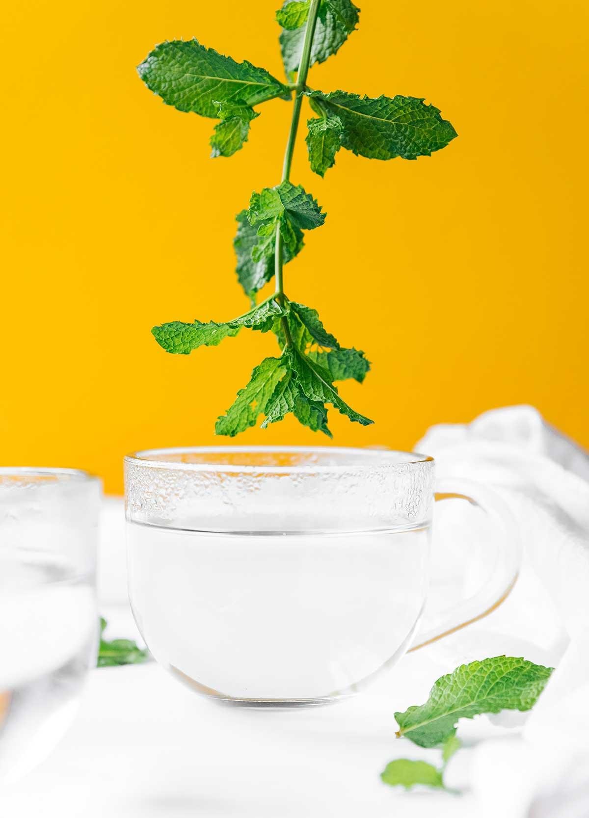 Zubereitung von frischem Minztee 6 Frische Minze in ein Glas heißes Wasser geben