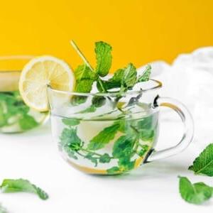Zubereitung von frischem Minztee 8 Frischer Minztee in einem klaren Glas mit einer Zitronenscheibe, als Vorschau für die Rezeptkarte