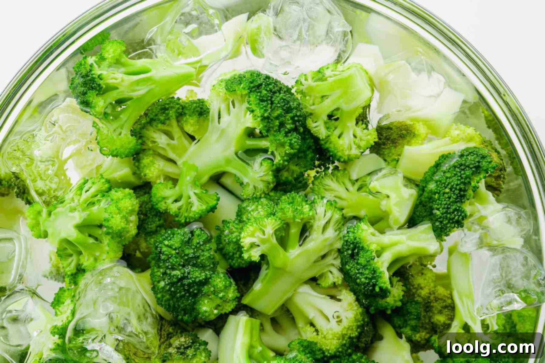 Freshly blanched broccoli florets submerged in an ice bath to stop the cooking process.