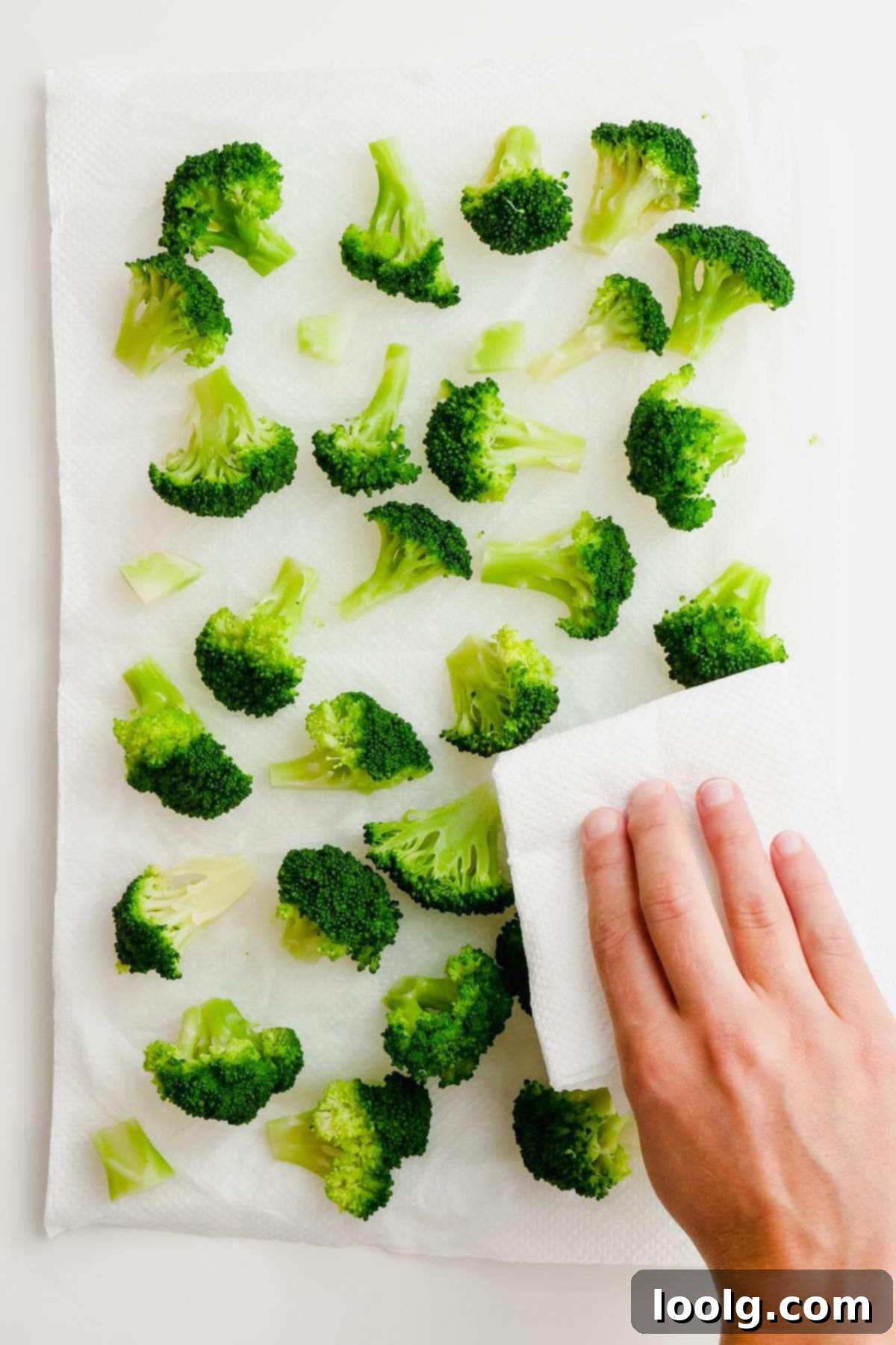 A hand gently patting dry scattered blanched broccoli florets on white parchment paper.