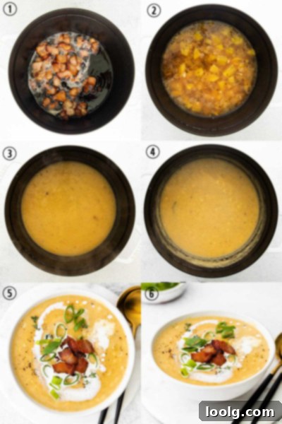 Step-by-step photos of corn chowder preparation, showing ingredients, cooking bacon, and simmering soup