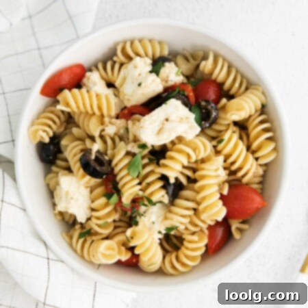 greek pasta salad in bowl