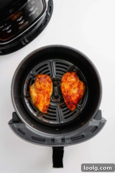 2 baked chicken breasts in air fryer basket