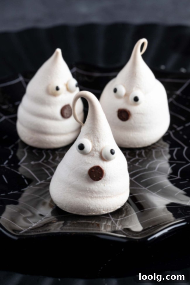 A tray full of adorable Halloween meringue ghosts with candy eyeballs and mini chocolate chip mouths, ready for baking.