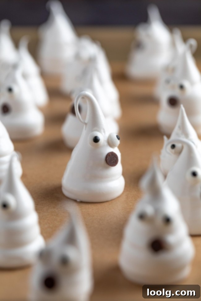 Close-up of freshly piped meringue ghosts on a parchment-lined baking sheet, ready for the oven.