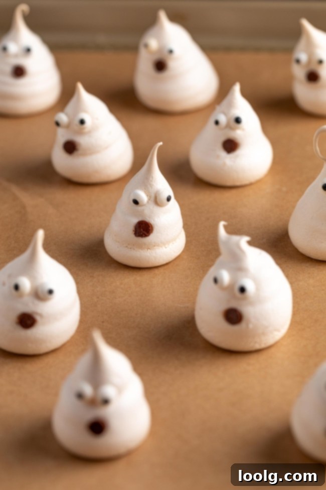 Several finished meringue ghosts displayed on a plate, showcasing their adorable faces and crisp texture.