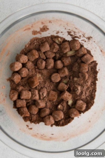 A bowl of white hot chocolate mix with mini marshmallows and chopped white chocolate.
