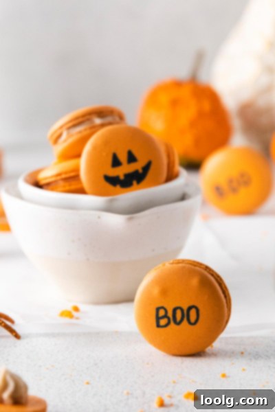 An array of perfectly decorated pumpkin spice macarons with cute Jack-o-lantern faces.