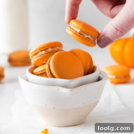 Photo of bright orange Pumpkin Spice Macarons made with almond flour and pumpkin spiced creamy filling in a bowl