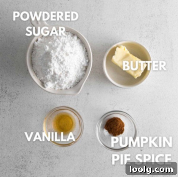 Ingredients for pumpkin spice macaron filling: softened butter, powdered sugar, vanilla extract, and pumpkin pie spice.