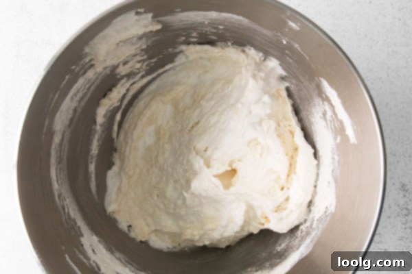 Macaron batter in a bowl, demonstrating the 'figure 8' consistency.