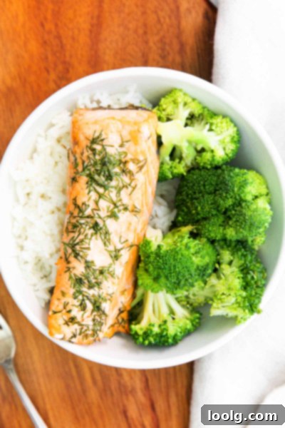 Overhead shot of air fryer salmon with broccoli on a plate