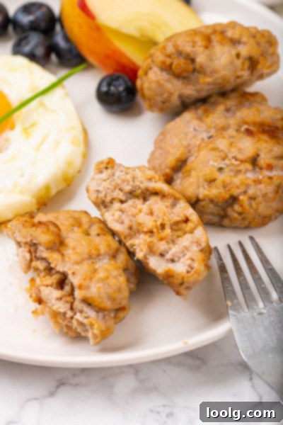 breakfast patties cut in half on a plate, showing cooked interior