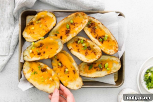 Air Fryer Potato Skins with sour cream and chives on a rustic wooden background.