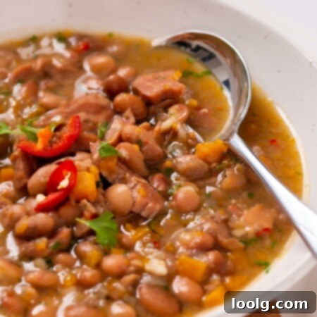 Image of a spoon in a bowl of hearty Instant Pot Bean Soup make with sautéd onions, carrots, diced ham with plenty of beans garnished with sliced red pepper and cilantro.