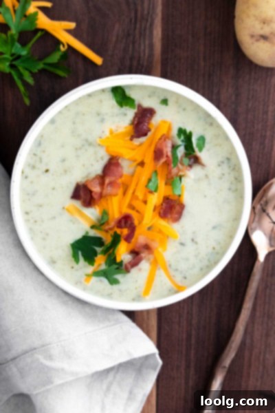 A serving of Instant Pot Colcannon Potato Soup in a rustic bowl, topped with fresh chives, indicating a vegetarian option.