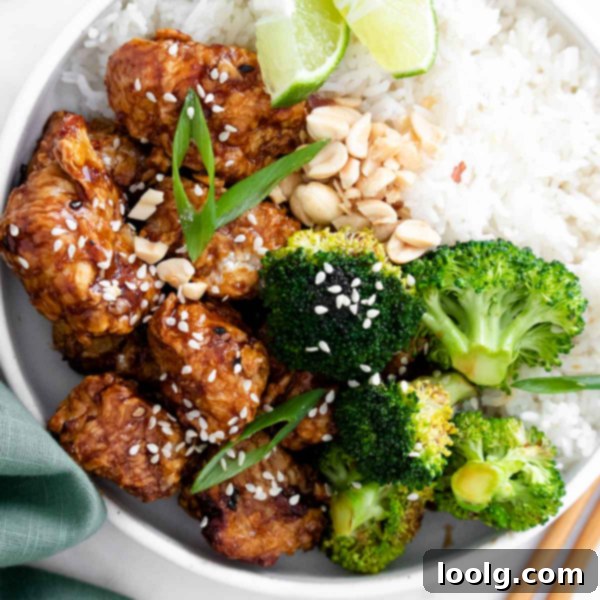 Air fryer sesame chicken with blanched broccoli