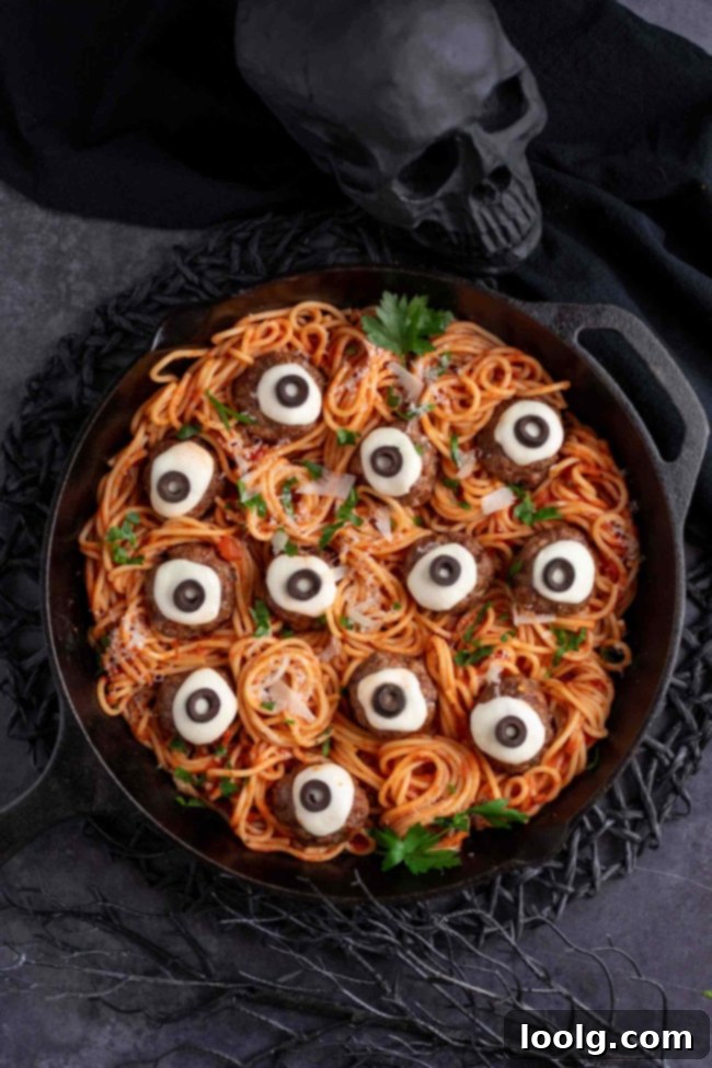 Close-up of Halloween Eyeball Meatballs on a white plate