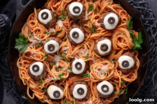 A plate of Halloween Meatballs with spaghetti