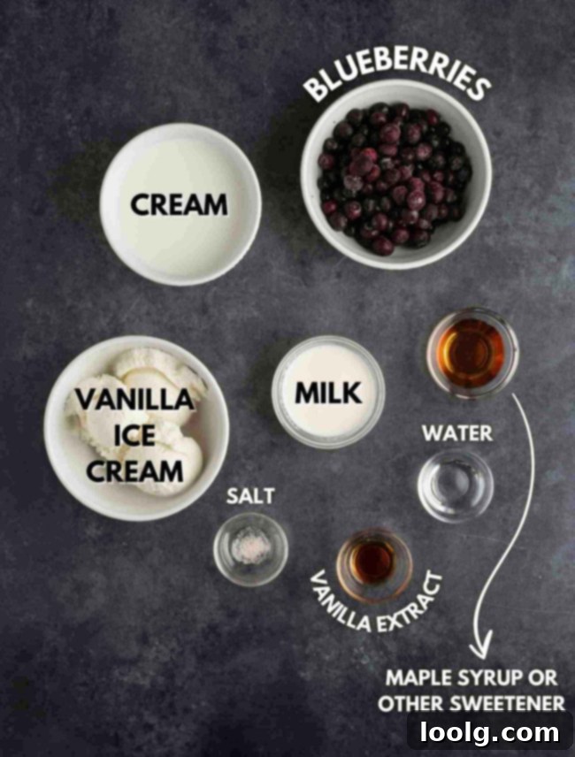 Ingredients for Halloween milkshakes laid out on a table, including blueberries, maple syrup, vanilla ice cream, and meringue ghosts.