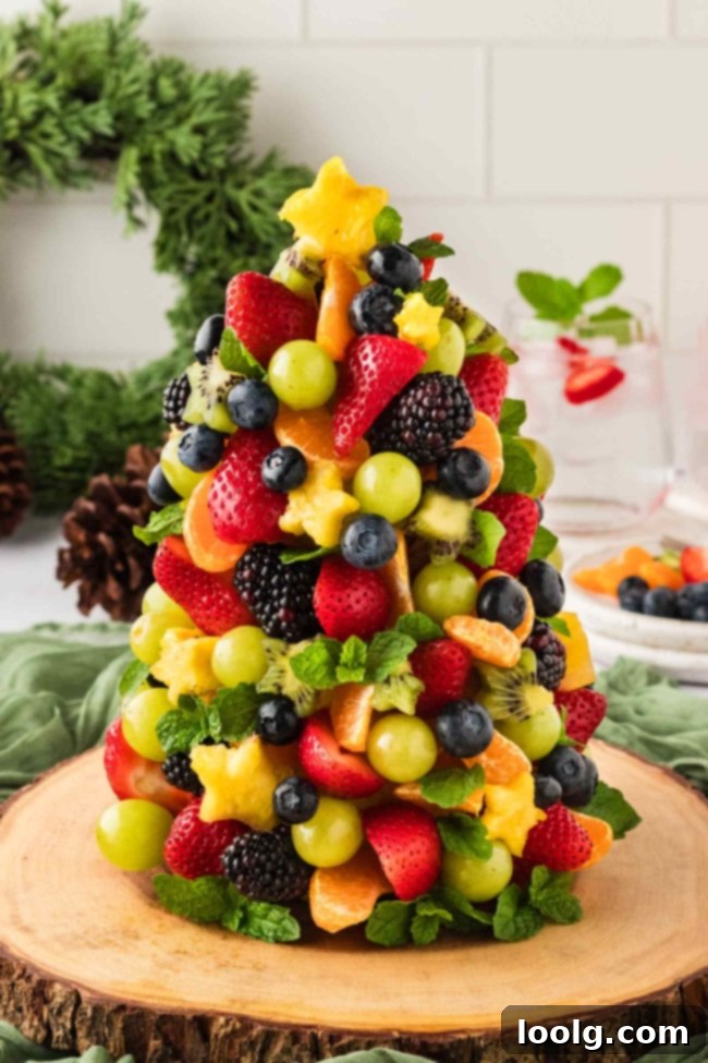 A side view of the fruit Christmas tree, showing more of its conical shape and the arrangement of fruits from top to bottom.