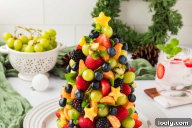 A small, decorative fruit Christmas tree made with green grapes and strawberries, perfect for a tabletop or smaller gathering.