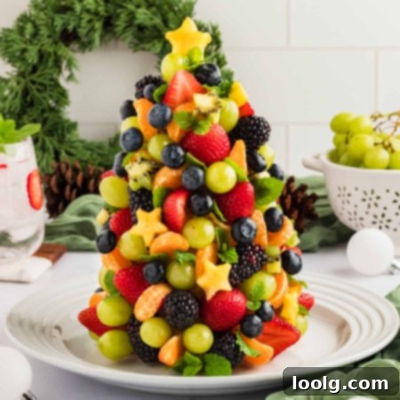 Photo of a fruit Christmas tree made of colorful fruit like green grapes, strawberries, blackberries, blueberries, mandarin slices, kiwi, mint leaves, and pineapple stars on a white platter with a Christmas wreath in the background.