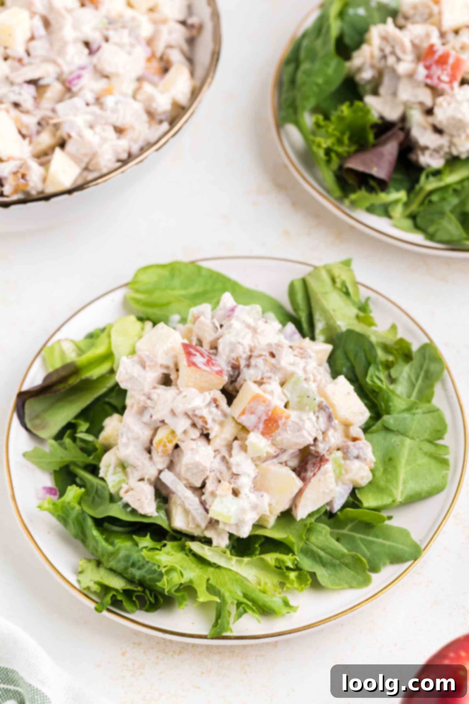 A serving of apple walnut chicken salad presented beautifully on a bed of fresh lettuce leaves, showcasing its inviting texture and colors