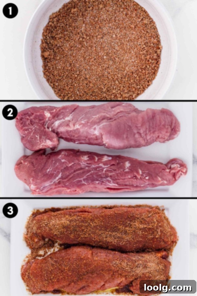 mixing together spice rub and patting it onto pork tenderloin