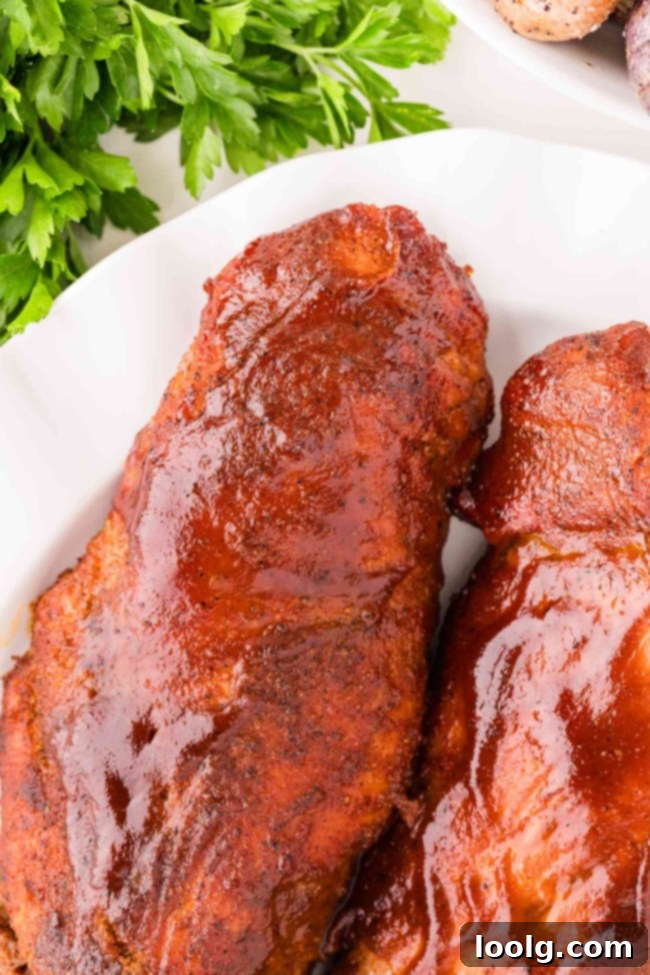 smoked pork tenderloin on white serving plate