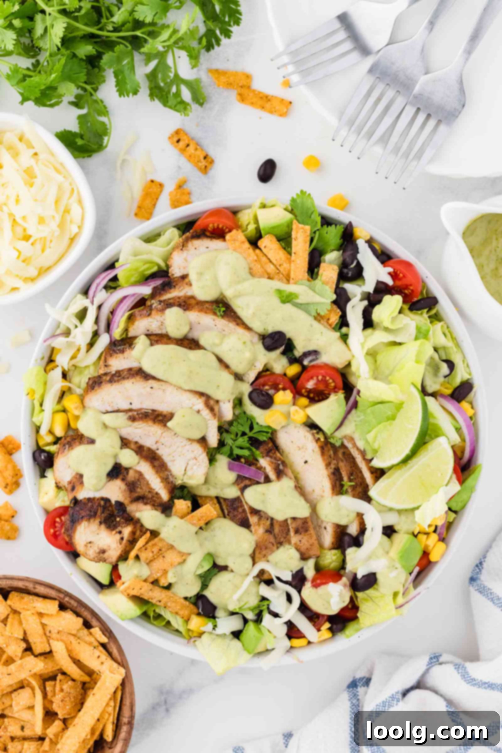 avocado dressing drizzled over a southwest chicken salad
