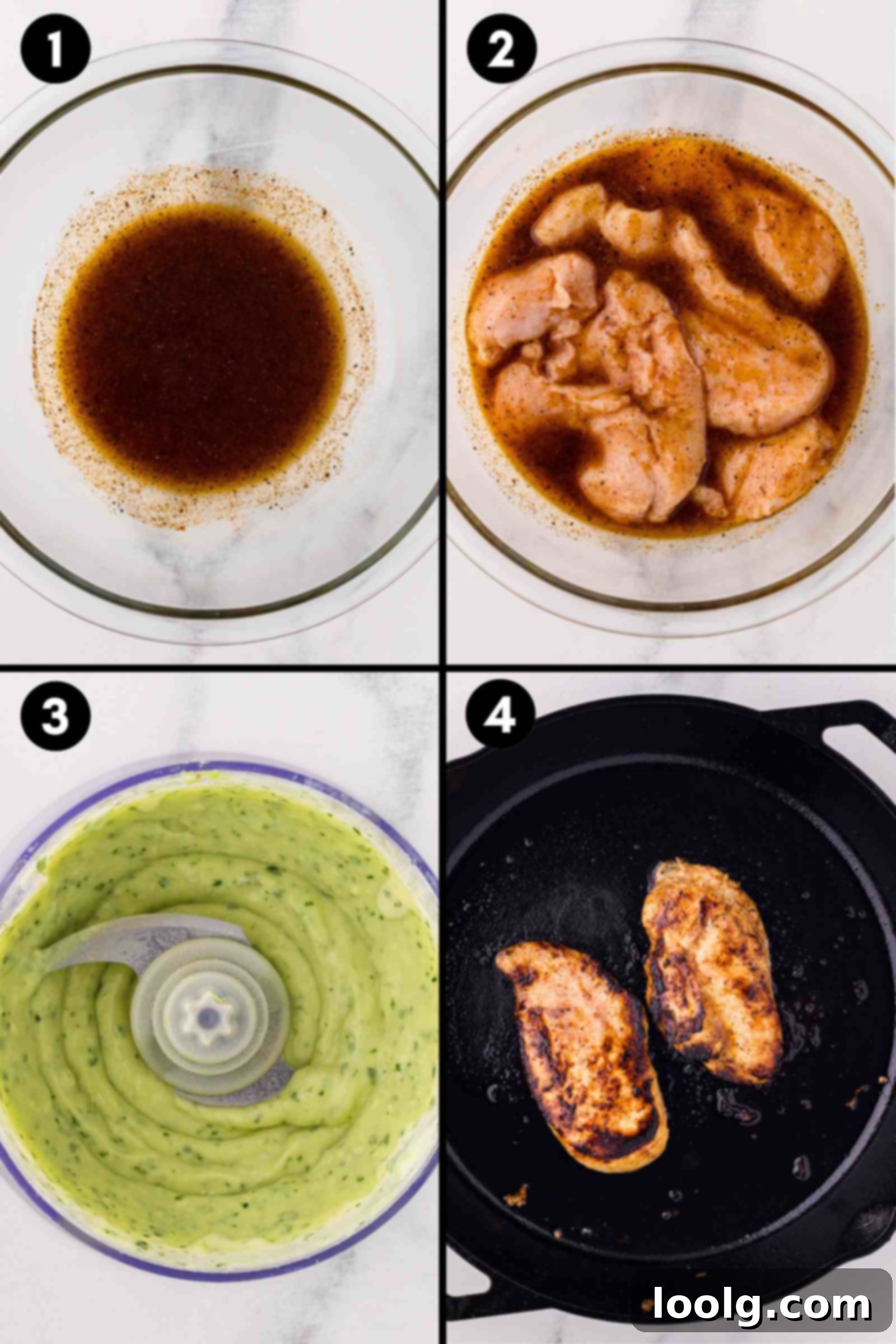 a collage showing the mixed together marinade, the chicken sitting in the marinade, the avocado dressing in the food processor, and then cooked chicken breast in a cast iron skillet