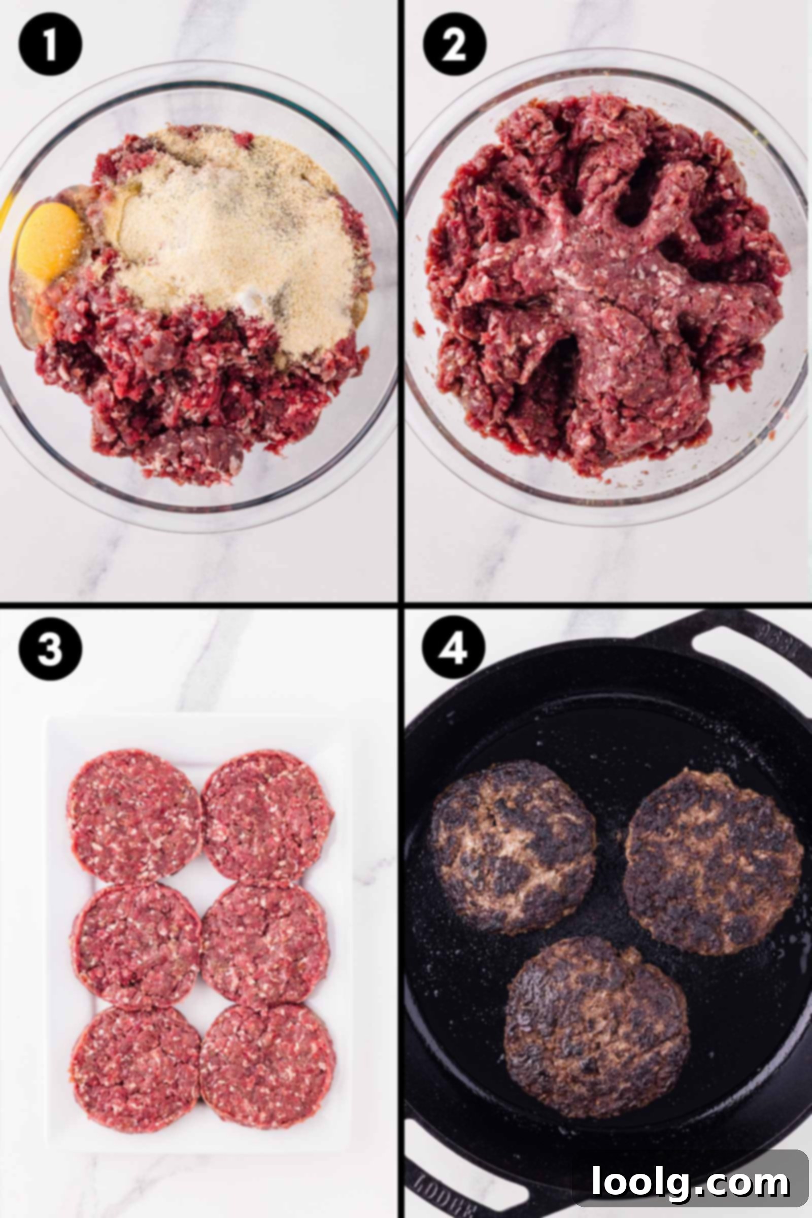 Visual sequence showing mixing venison burger ingredients, forming patties, and cooking them in a cast iron skillet