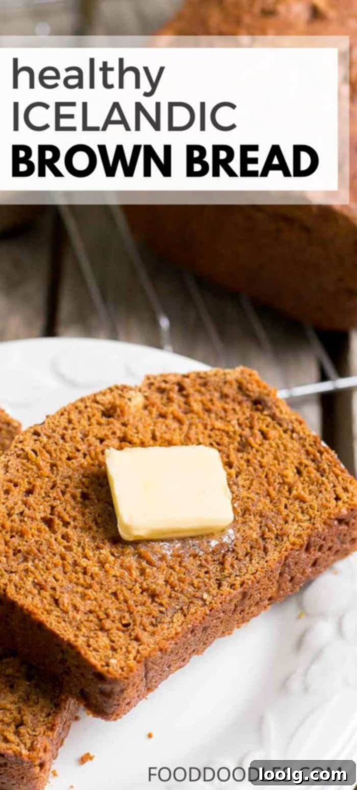 A beautifully textured slice of Icelandic Brown Bread, highlighting its rich color and wholesome appearance.