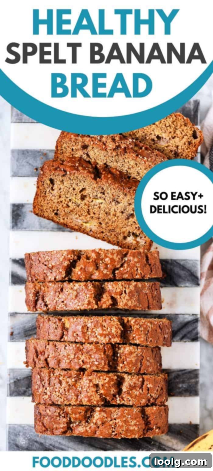 Rustic Spelt Banana Loaf 3 Naturally sweetened spelt banana bread with a slice cut, showcasing its moist interior