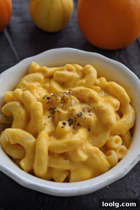 Close-up of creamy pumpkin mac and cheese with a fork, showing the rich texture and appealing orange color.