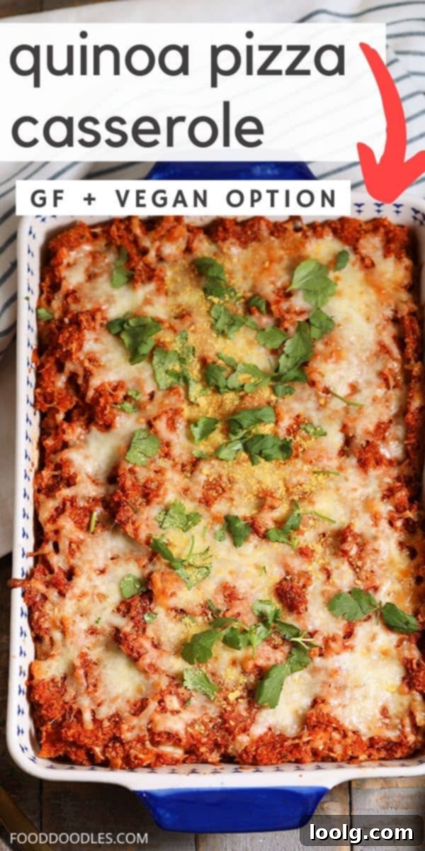 A vibrant and delicious quinoa pizza casserole, perfect for a healthy side dish or a light meal. It's gluten-free and can easily be made vegan.
