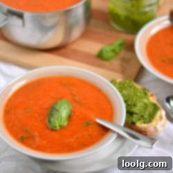 A bowl of roasted tomato and garlic soup with fresh basil