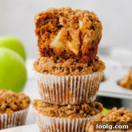 Spiced Apple Morning Muffins 6 Photo of three healthy cinnamon apple muffins stacked upon each other with a bite taken out of the top muffin showing chunks of apples in the middle of the muffin