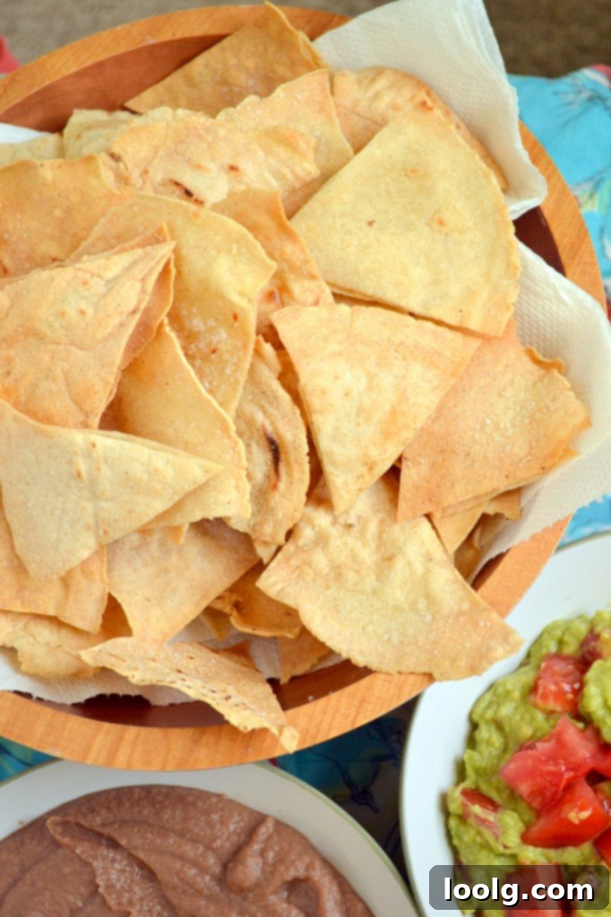 Homemade Tortilla Chips for Dipping Homemade tortilla chips ready to be served with dips