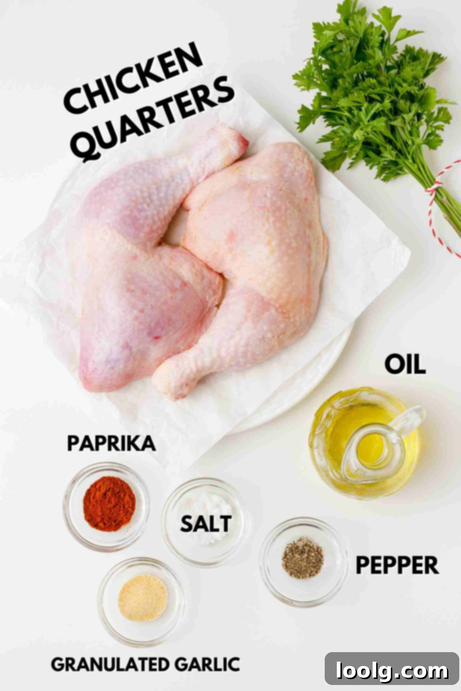 Effortless Five Ingredient Chicken Leg Quarters 3 ingredients laid out to make chicken leg quarters recipe