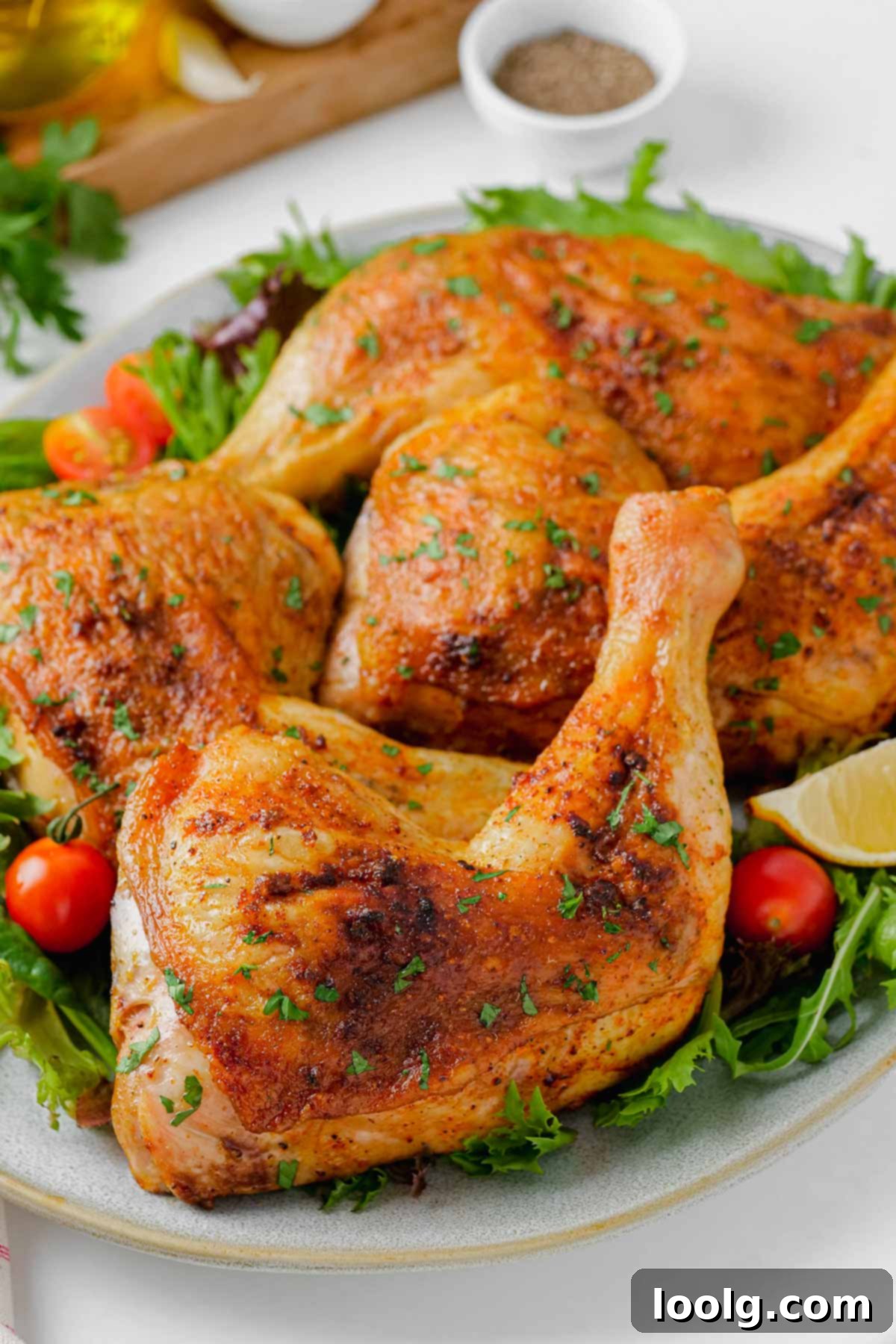 Effortless Five Ingredient Chicken Leg Quarters 4 white plate with lettuce and chicken leg quarters on top