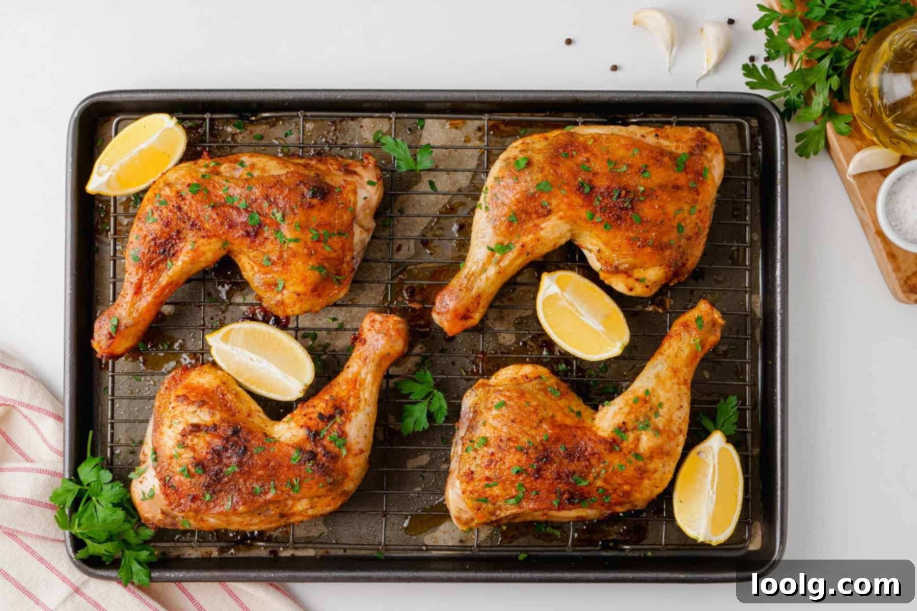 Effortless Five Ingredient Chicken Leg Quarters 7 baking sheet with 4 chicken quarters and lemon quarters on top