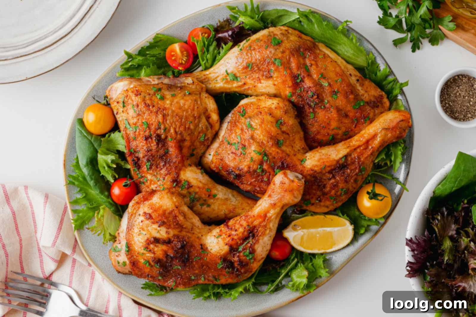 Effortless Five Ingredient Chicken Leg Quarters 8 chicken leg quarters on platter with lettuce and cherry tomatoes