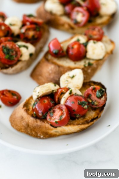Sun-Ripened Tomato Mozzarella Bruschetta 2 Bruschetta with mozzarella, tomatoes, and basil on toasted bread