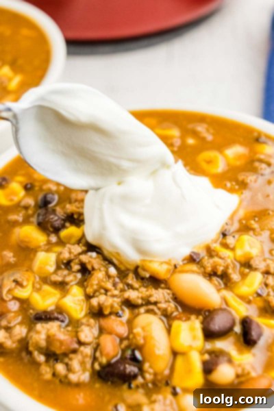 Nutritious Fiesta Soup 3 A close-up shot of the rich, chunky texture of the healthy taco soup in a bowl. Visible ingredients include ground beef, kidney beans, corn, and a vibrant broth, highlighting the soup's hearty and satisfying nature. The lighting is soft, emphasizing the warmth and comfort of the dish.