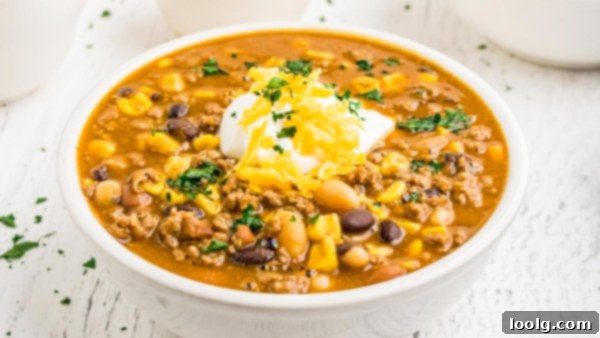 Nutritious Fiesta Soup 5 A closer, artfully arranged shot of the healthy taco soup bowl with a dollop of sour cream, a sprinkle of cheese, and fresh green cilantro. The focus is sharp on the toppings, making the soup look even more inviting and professionally presented.