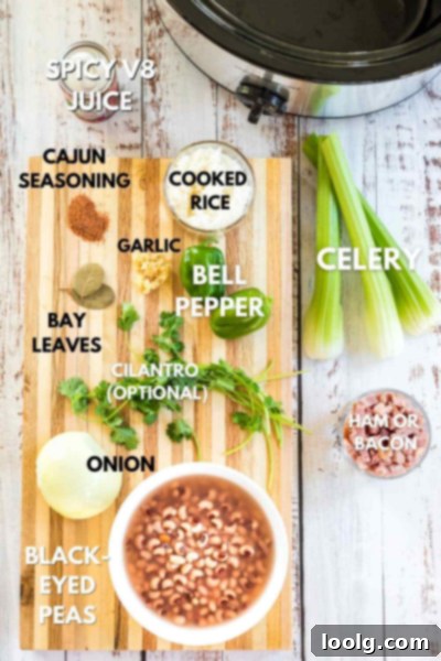 Lucky Slow Cooker Hoppin' John 3 Ingredients for Hoppin' John, including black-eyed peas, vegetables, and ham.