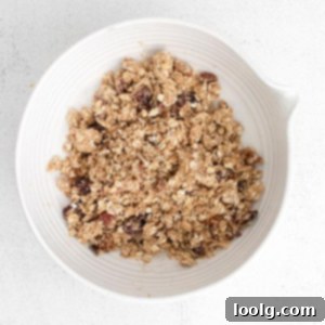 Quick & Easy Air Fryer Baked Apples 9 process photo showing the oat-based crumble filling with cinnamon, raisins and pecans in a mixing bowl to make air fryer baked apples.